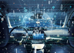 Interior of autonomous car. Car digitalization concept.